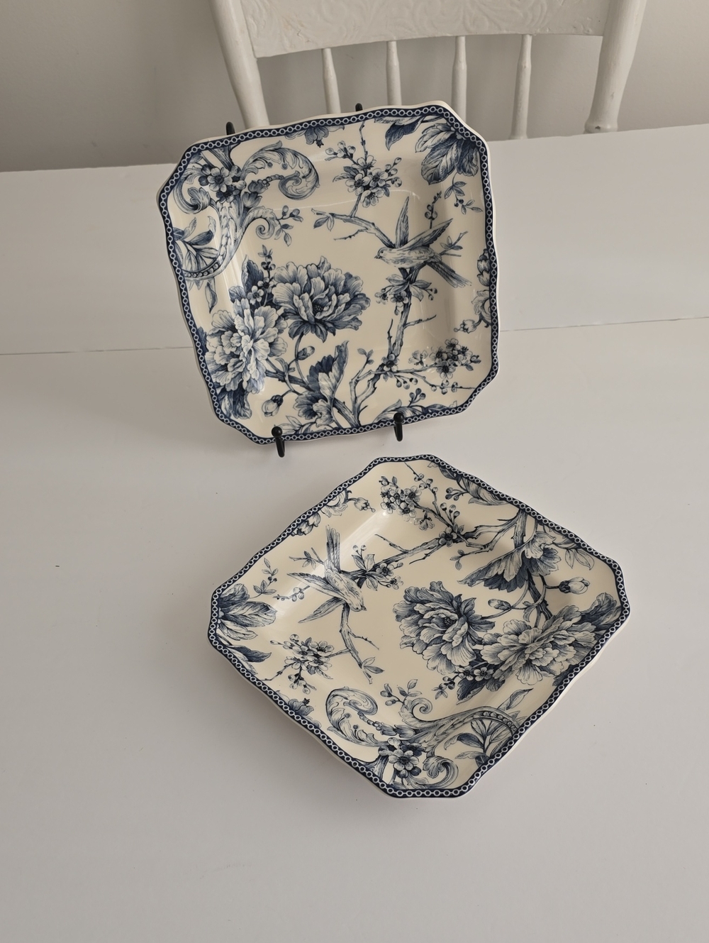NWOT 222 Fifth Set Of 2 Adelaide Blue Fine China Salad Plates Square Porcelain